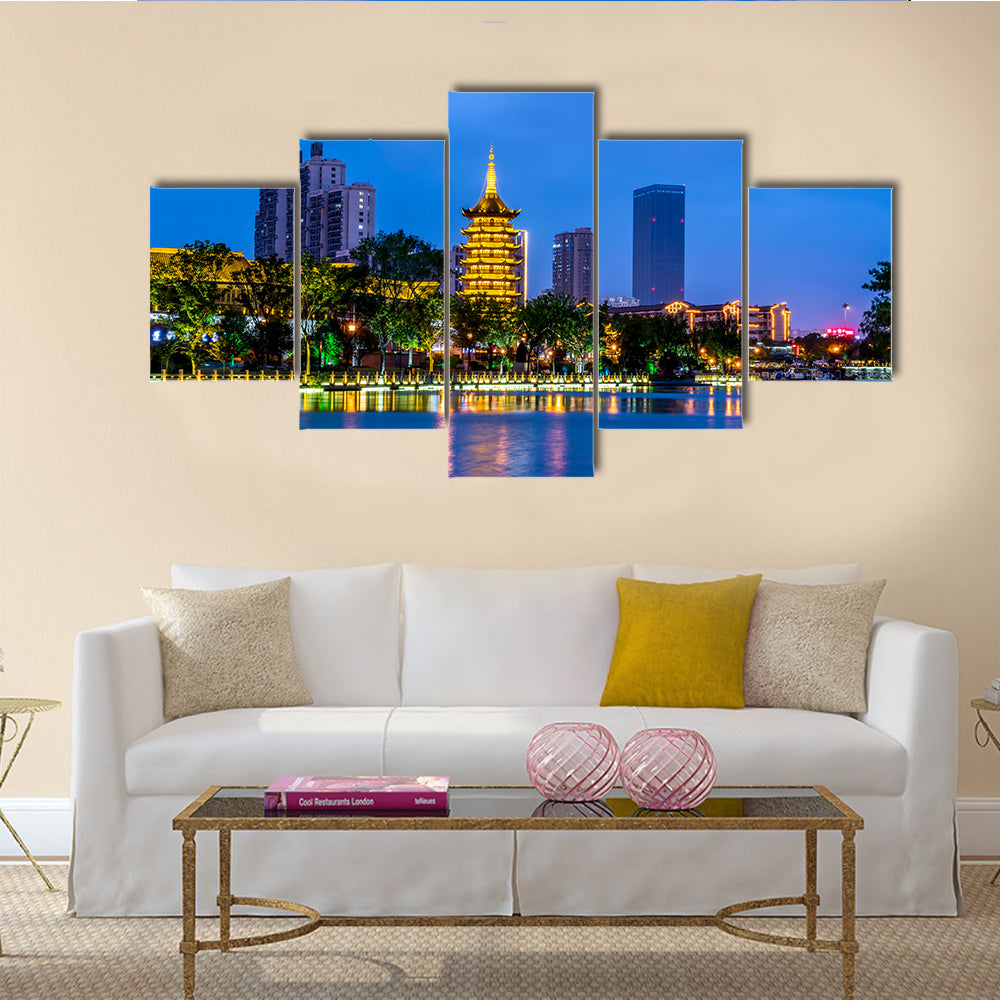Landscape night view of Qingjiang Pu building in Huaian Multi panel Canvas Wall Art