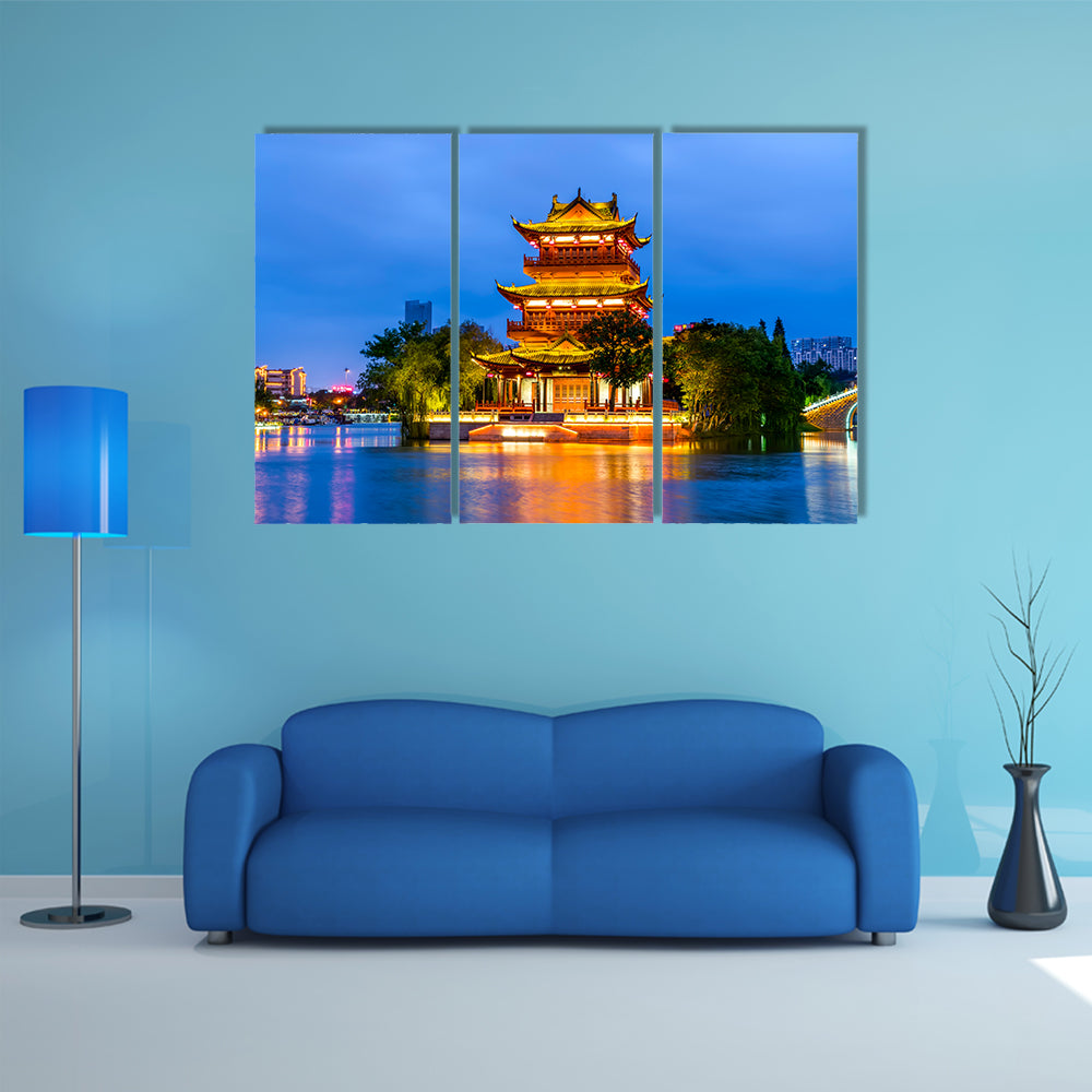 Landscape night view of Qingjiang Pu building in Huaian multi panel canvas wall art