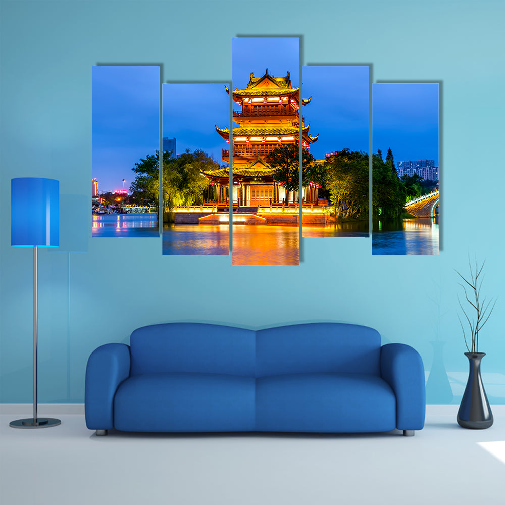 Landscape night view of Qingjiang Pu building in Huaian multi panel canvas wall art
