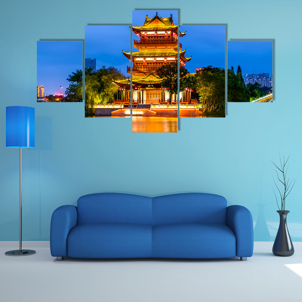 Landscape night view of Qingjiang Pu building in Huaian multi panel canvas wall art