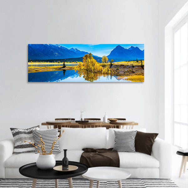 Abraham lake reflects mountains and trees Canada Panoramic canvas Wall Art