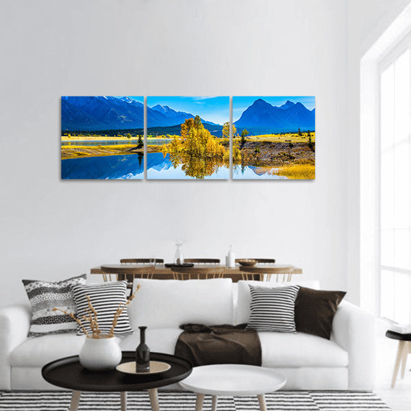 Abraham lake reflects mountains and trees Canada Panoramic canvas Wall Art