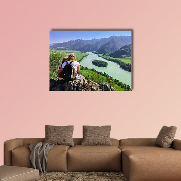 Woman and child looking into the distance to the mountains, multi panel canvas wall art