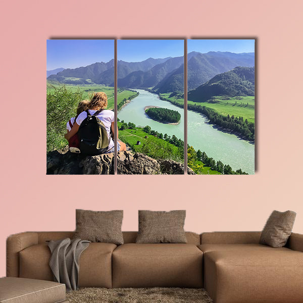 Woman and child looking into the distance to the mountains, multi panel canvas wall art