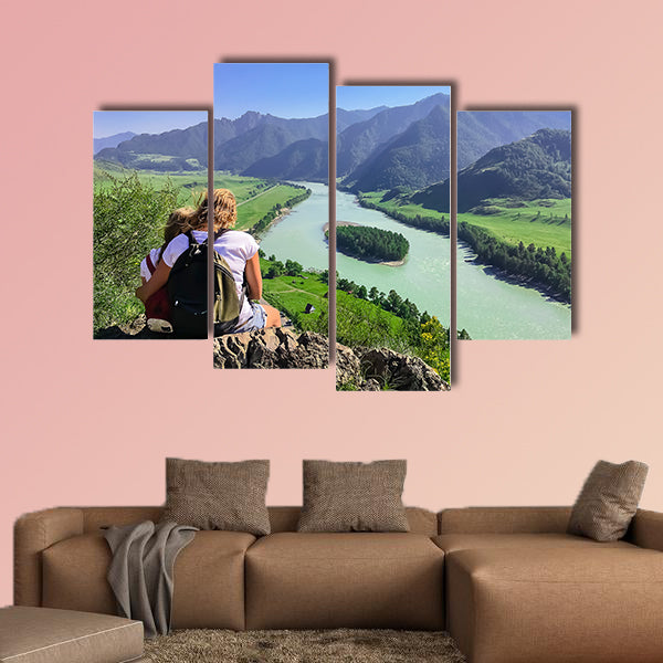 Woman and child looking into the distance to the mountains, multi panel canvas wall art