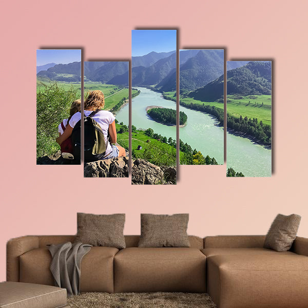 Woman and child looking into the distance to the mountains, multi panel canvas wall art