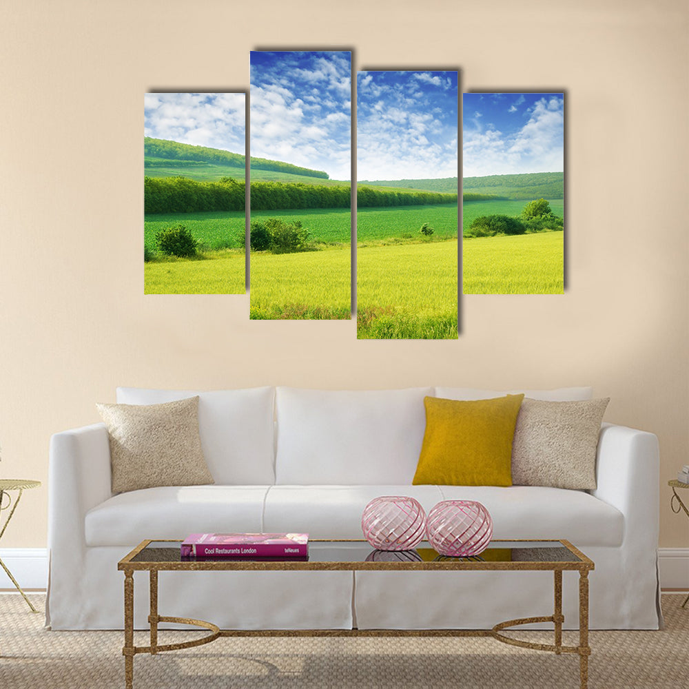 Green spring meadow and the beautiful blue sky Multi panel canvas wall art