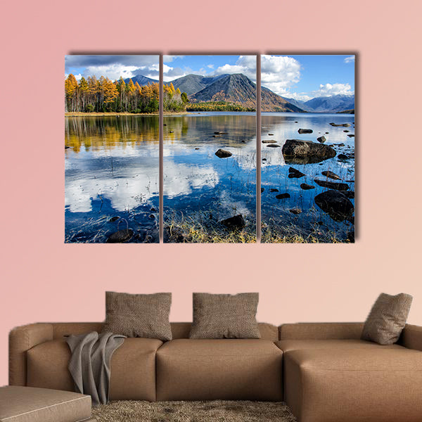 Mountain Lake Froliha with stones and reflection, near Lake Baikal multi panel canvas wall art