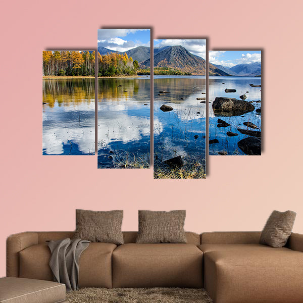 Mountain Lake Froliha with stones and reflection, near Lake Baikal multi panel canvas wall art
