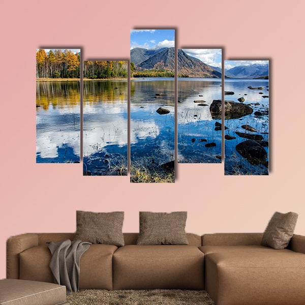 Mountain Lake Froliha with stones and reflection, near Lake Baikal multi panel canvas wall art