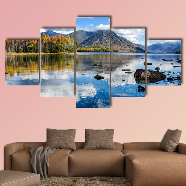 Mountain Lake Froliha with stones and reflection, near Lake Baikal multi panel canvas wall art