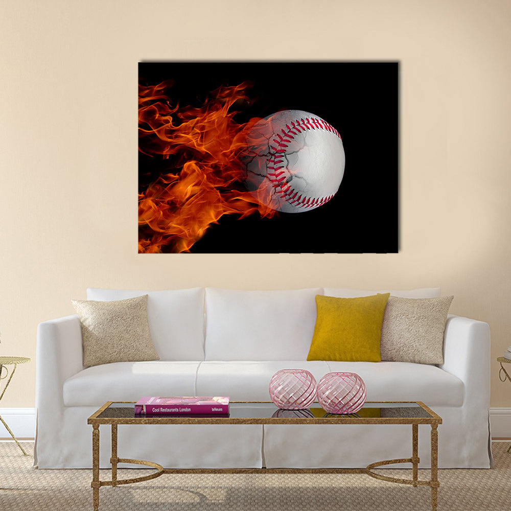 Baseball at high speed catching fire and burning with cracks Multi panel canvas wall art