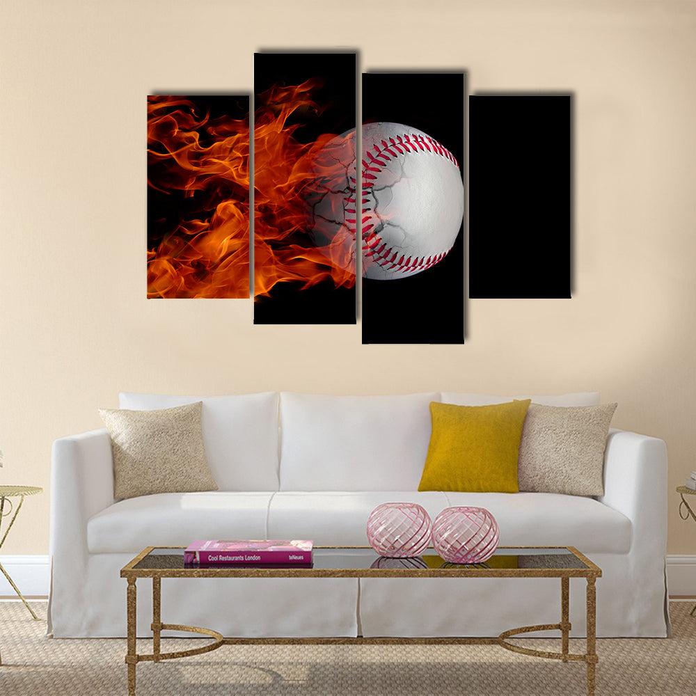 Baseball at high speed catching fire and burning with cracks Multi panel canvas wall art