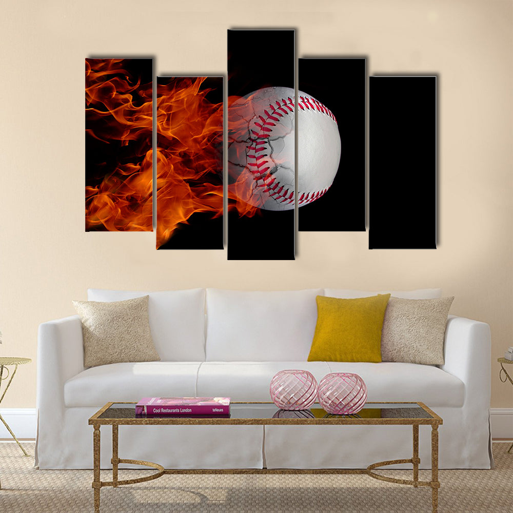 Baseball at high speed catching fire and burning with cracks Multi panel canvas wall art