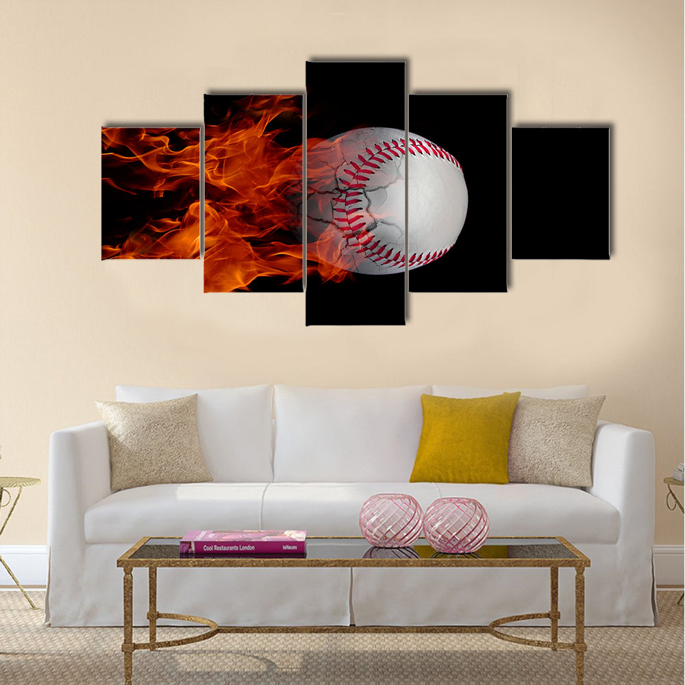 Baseball at high speed catching fire and burning with cracks Multi panel canvas wall art