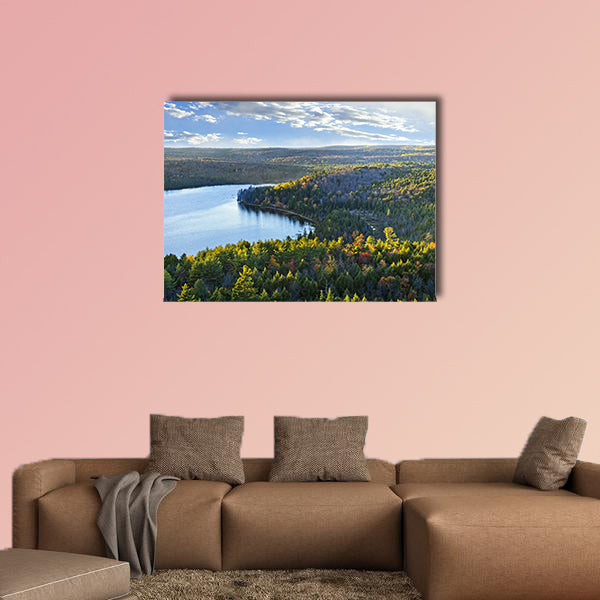 Fall forest and lake with colorful trees from above in Algonquin Park, wall art