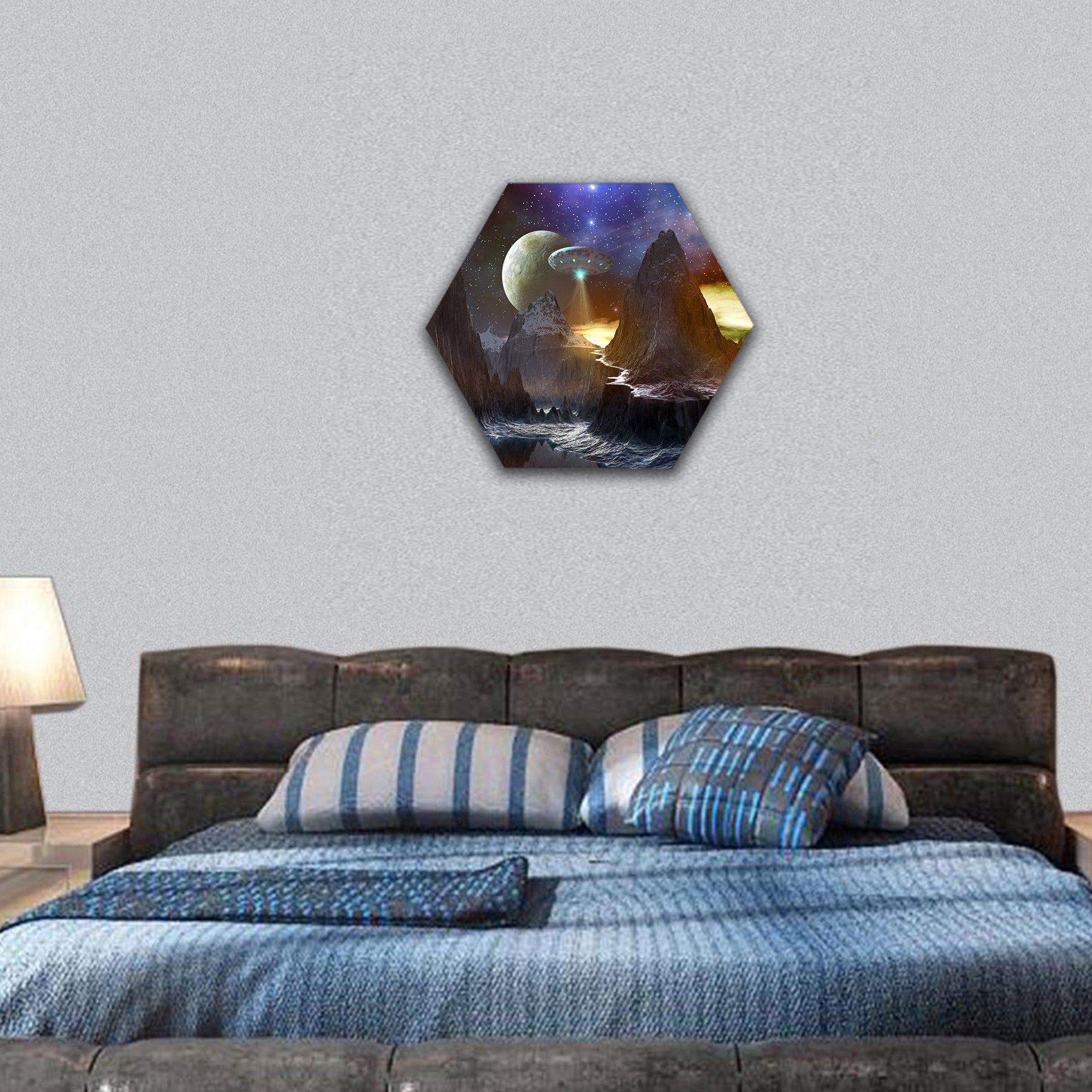 Spaceship over Mountain Path on Distant World hexagonal canvas wall art