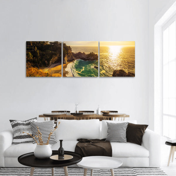 Sunset over McWay Falls on Pacific Coast Highway in California Panoramic canvas Wall Art
