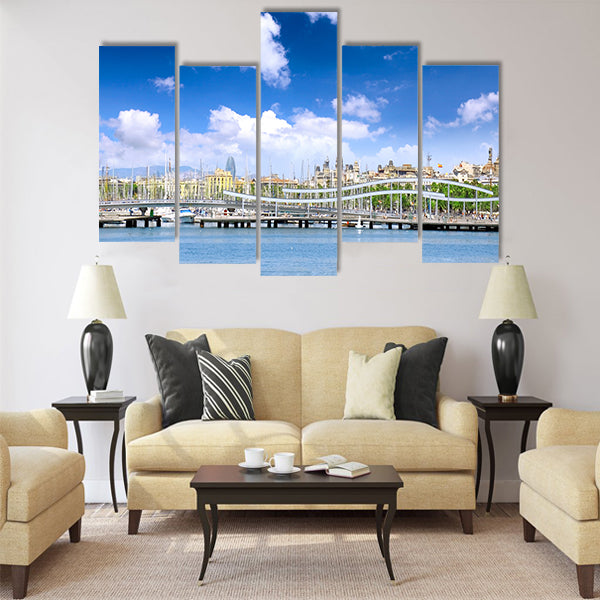 View on moorage of yacht's in Barcelona sea port Multi panel canvas wall art