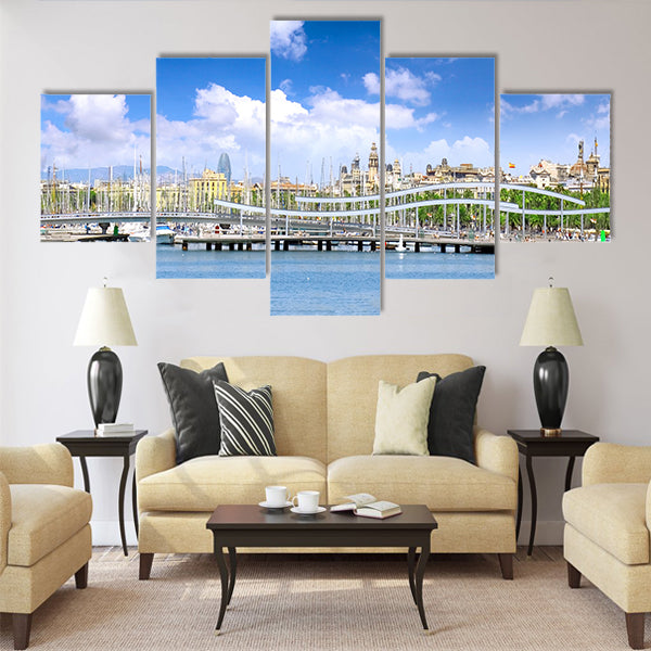 View on moorage of yacht's in Barcelona sea port Multi panel canvas wall art