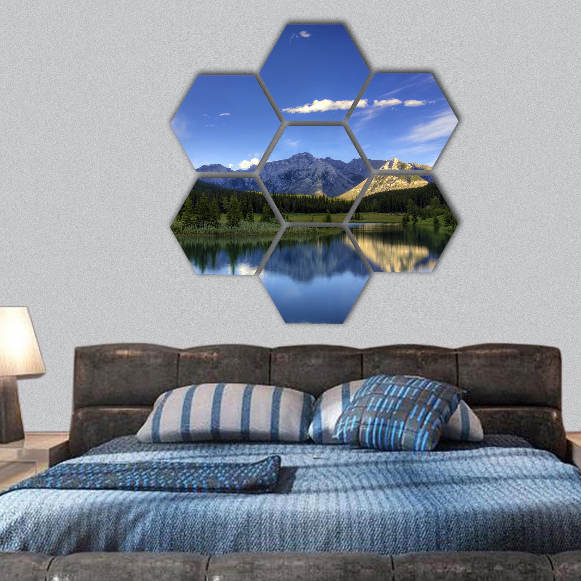 Reflections in the water at Cascade Ponds Canada hexagonal canvas wall art