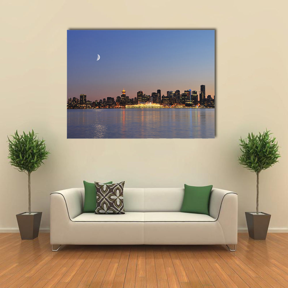 Downtown vancouver night scene with crescent moon Multi panel canvas wall art