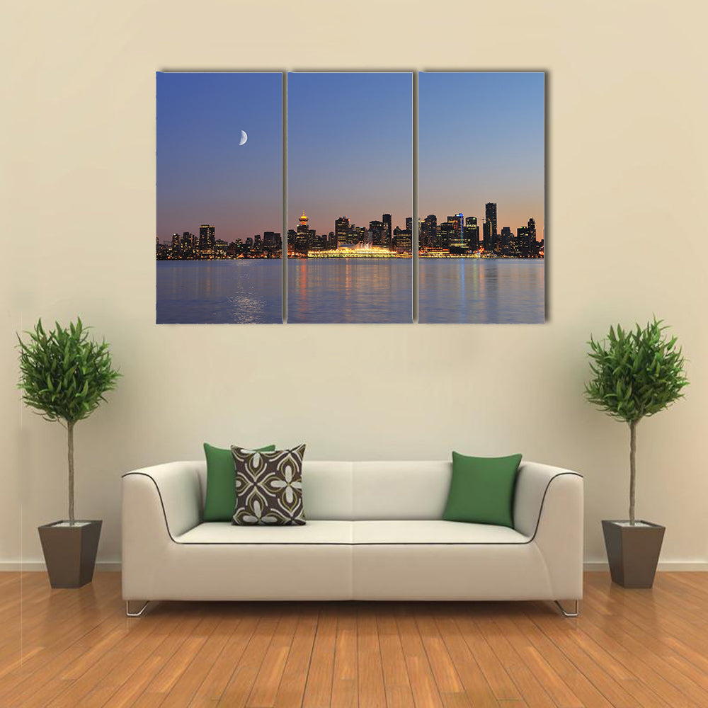 Downtown vancouver night scene with crescent moon Multi panel canvas wall art