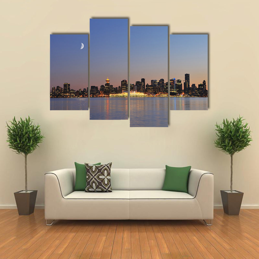 Downtown vancouver night scene with crescent moon Multi panel canvas wall art