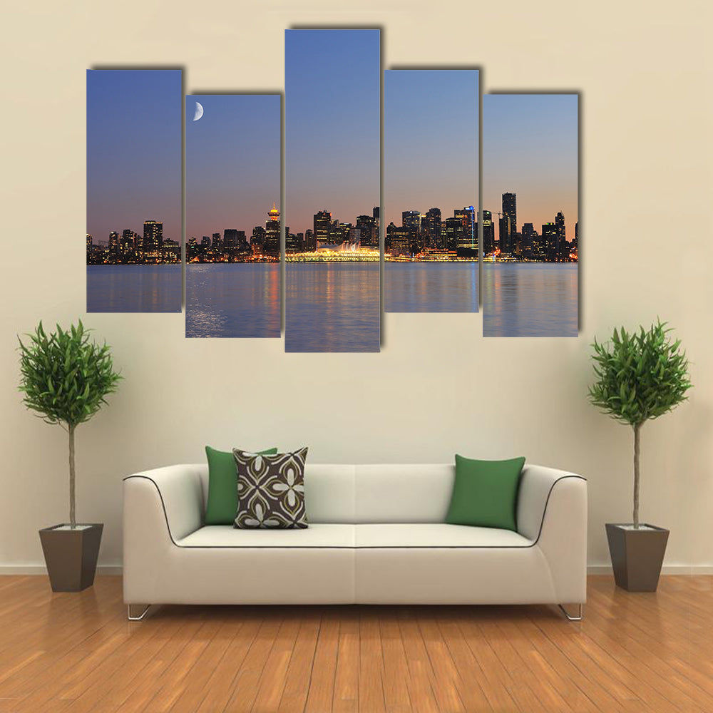 Downtown vancouver night scene with crescent moon Multi panel canvas wall art