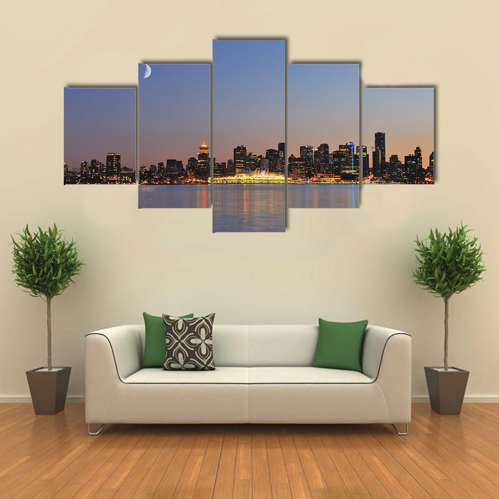Downtown vancouver night scene with crescent moon Multi panel canvas wall art
