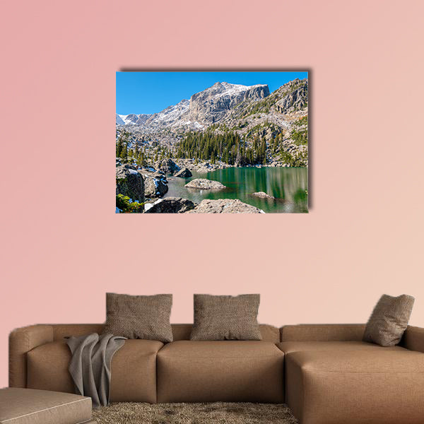 Lake Haiyaha with rocks and mountains in snow around at autumn multi panel canvas wall art