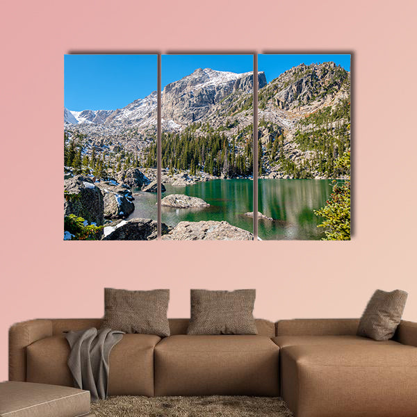 Lake Haiyaha with rocks and mountains in snow around at autumn multi panel canvas wall art