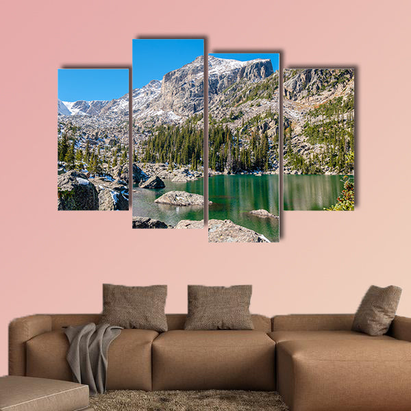 Lake Haiyaha with rocks and mountains in snow around at autumn multi panel canvas wall art