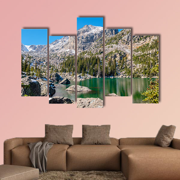Lake Haiyaha with rocks and mountains in snow around at autumn multi panel canvas wall art