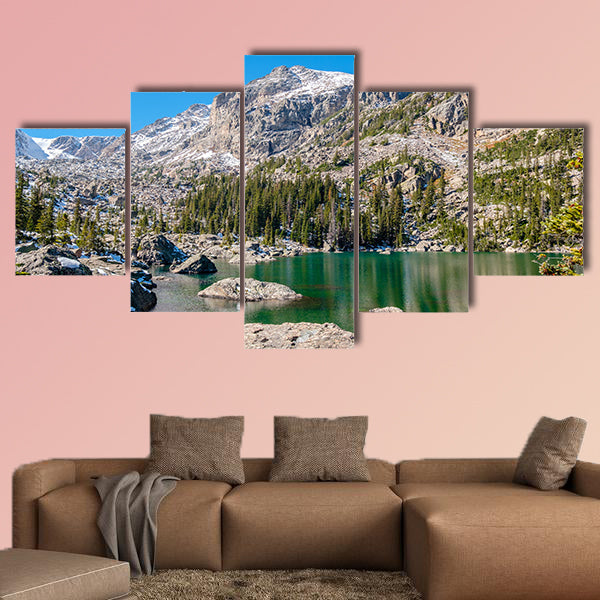 Lake Haiyaha with rocks and mountains in snow around at autumn multi panel canvas wall art
