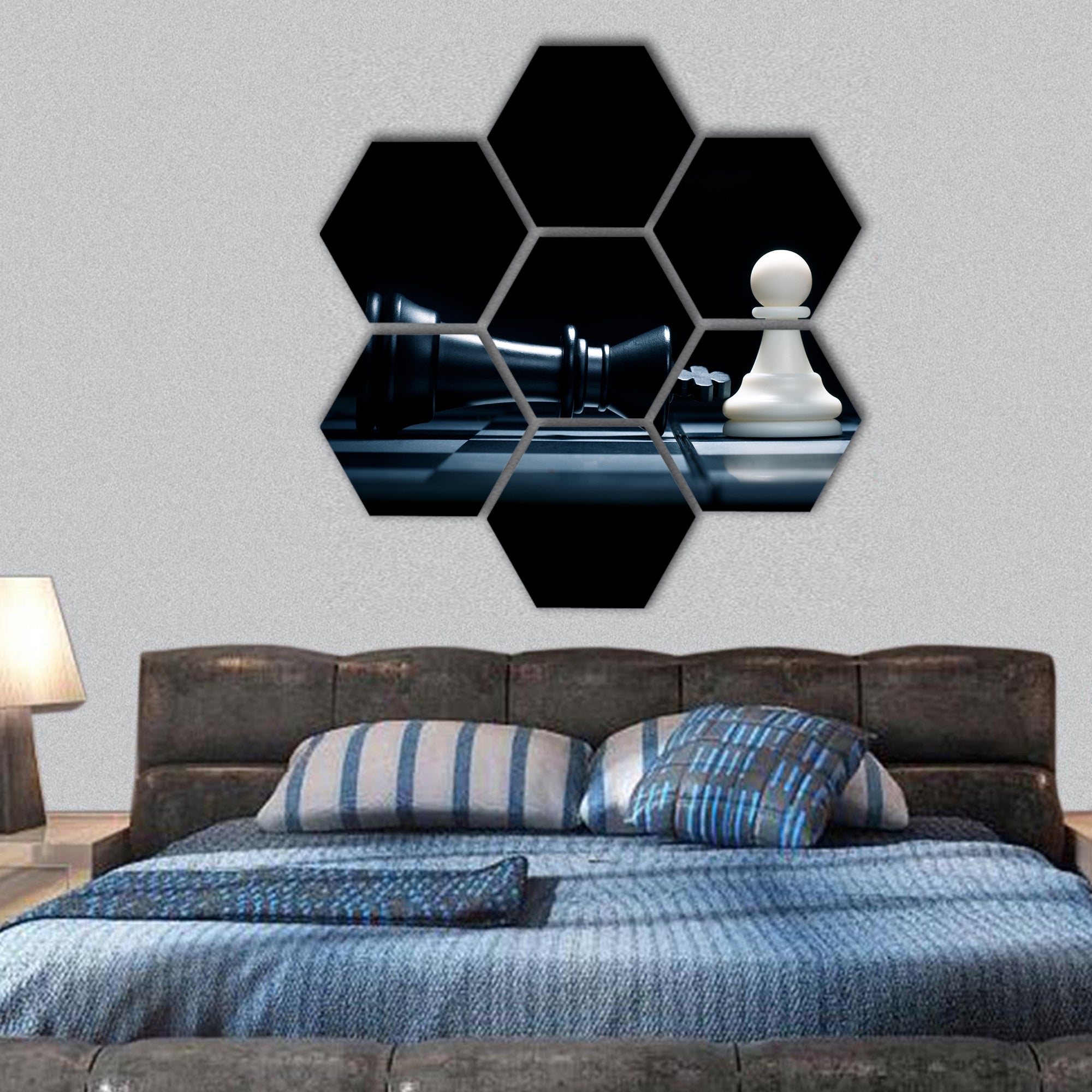Pawn and the won king Chessmen  hexagonal canvas wall art