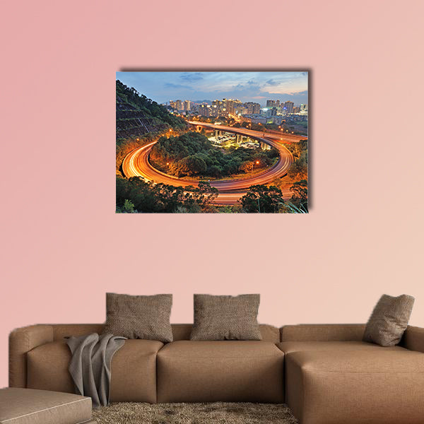 City interchange overpass at nightfall in Xindian, Taiwan multi panel canvas wall art