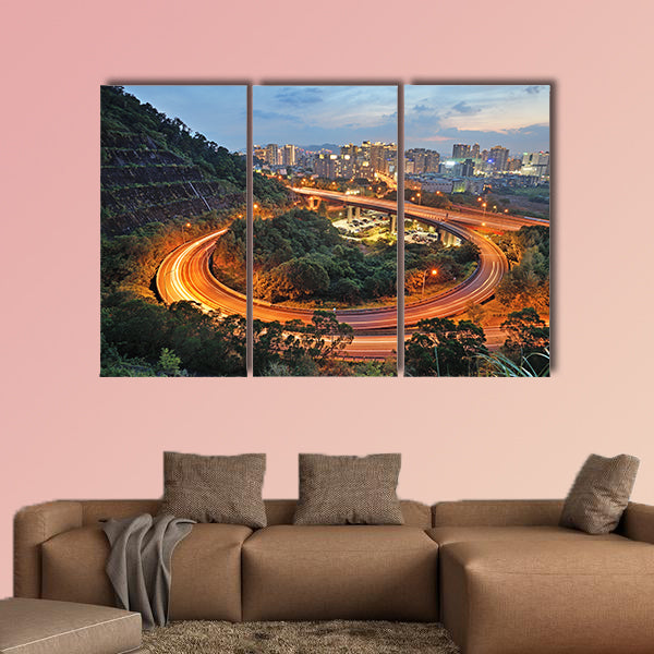 City interchange overpass at nightfall in Xindian, Taiwan multi panel canvas wall art