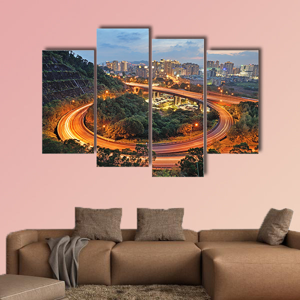 City interchange overpass at nightfall in Xindian, Taiwan multi panel canvas wall art