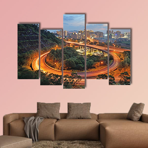City interchange overpass at nightfall in Xindian, Taiwan multi panel canvas wall art
