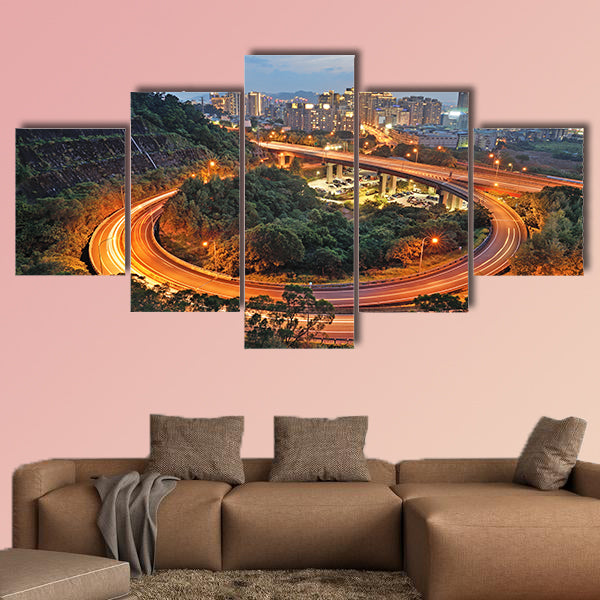 City interchange overpass at nightfall in Xindian, Taiwan multi panel canvas wall art