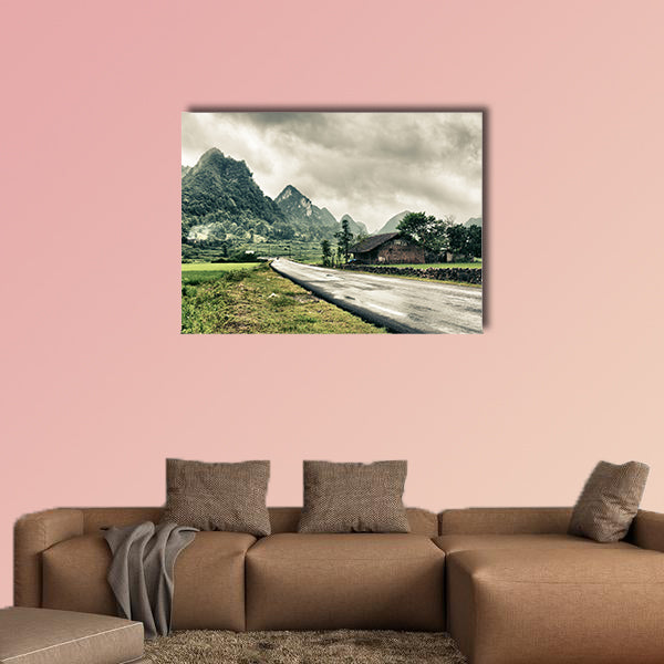 Rural landscape with road; house and mountains, multi panel canvas wall art