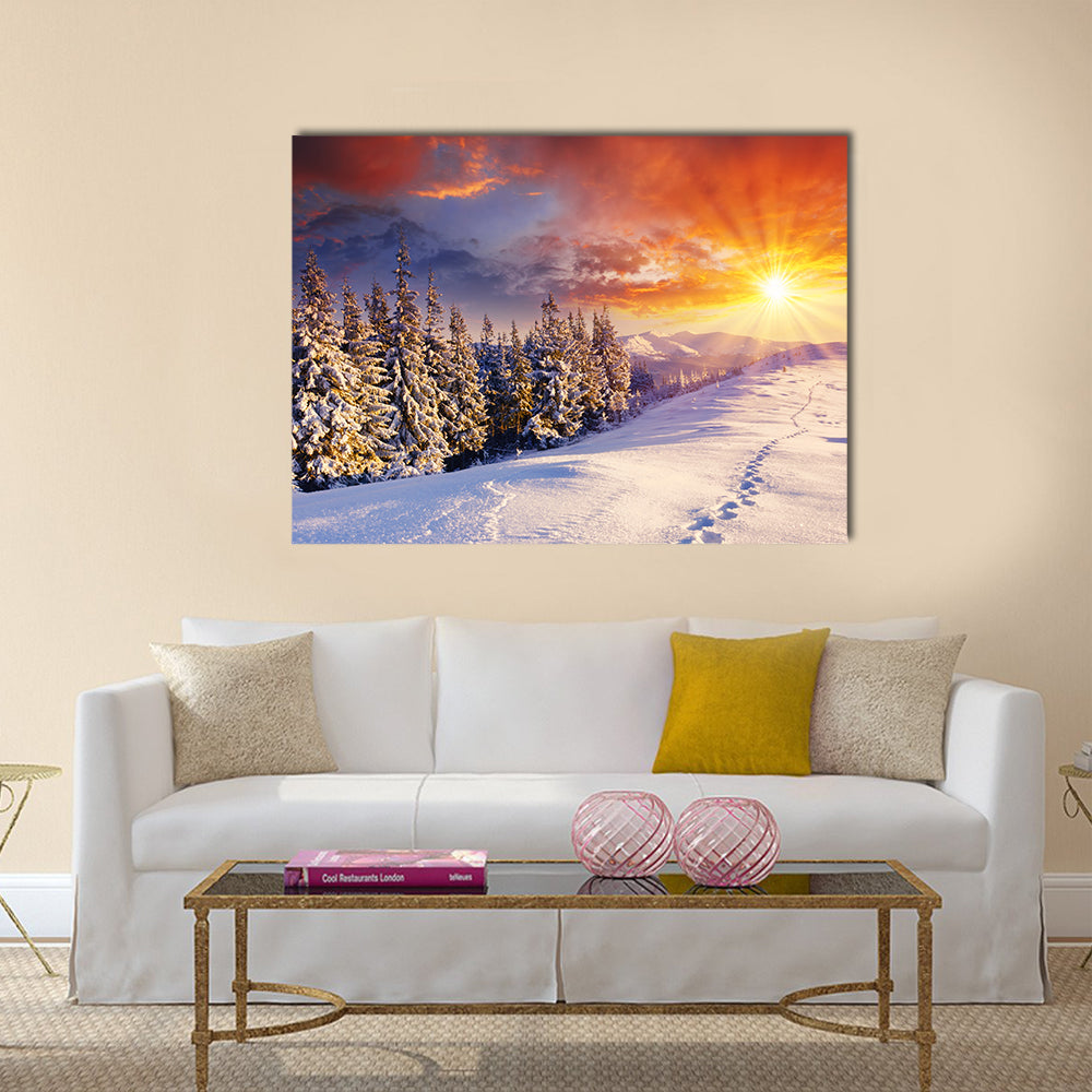 majestic sunset in the winter mountains landscape Multi Panel Canvas Wall Art