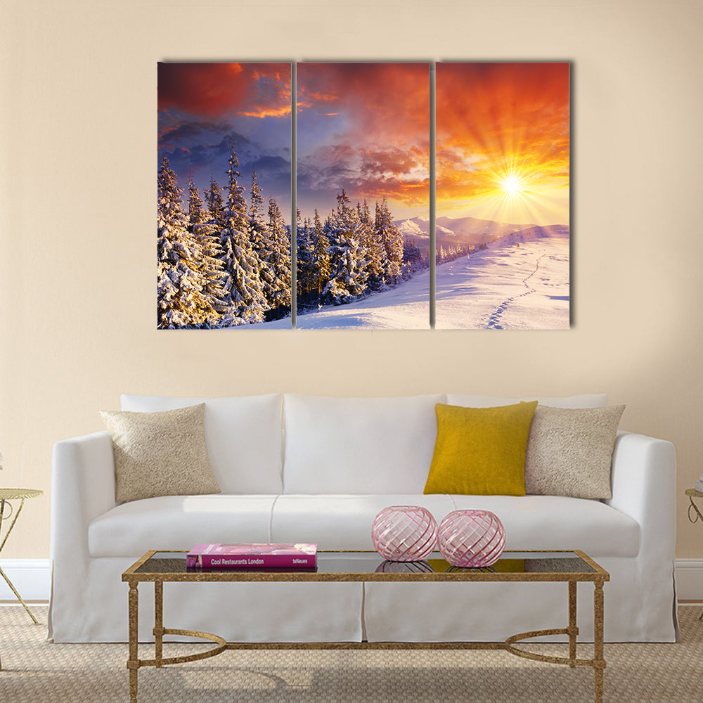majestic sunset in the winter mountains landscape Multi Panel Canvas Wall Art