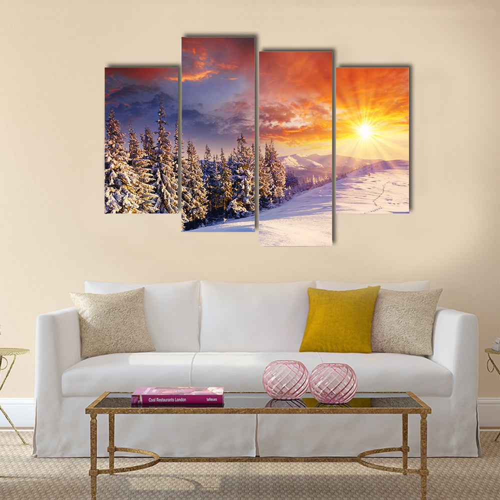 majestic sunset in the winter mountains landscape Multi Panel Canvas Wall Art