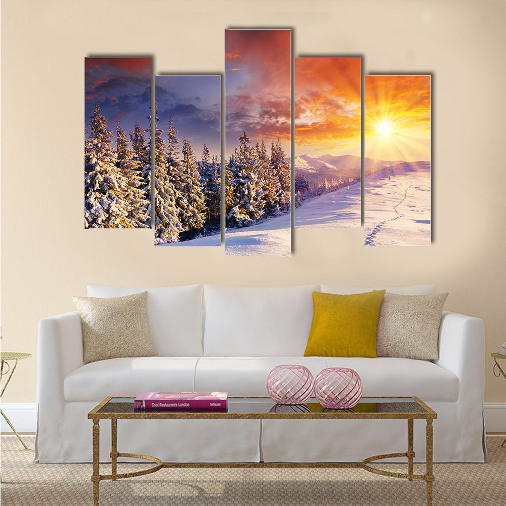 majestic sunset in the winter mountains landscape Multi Panel Canvas Wall Art