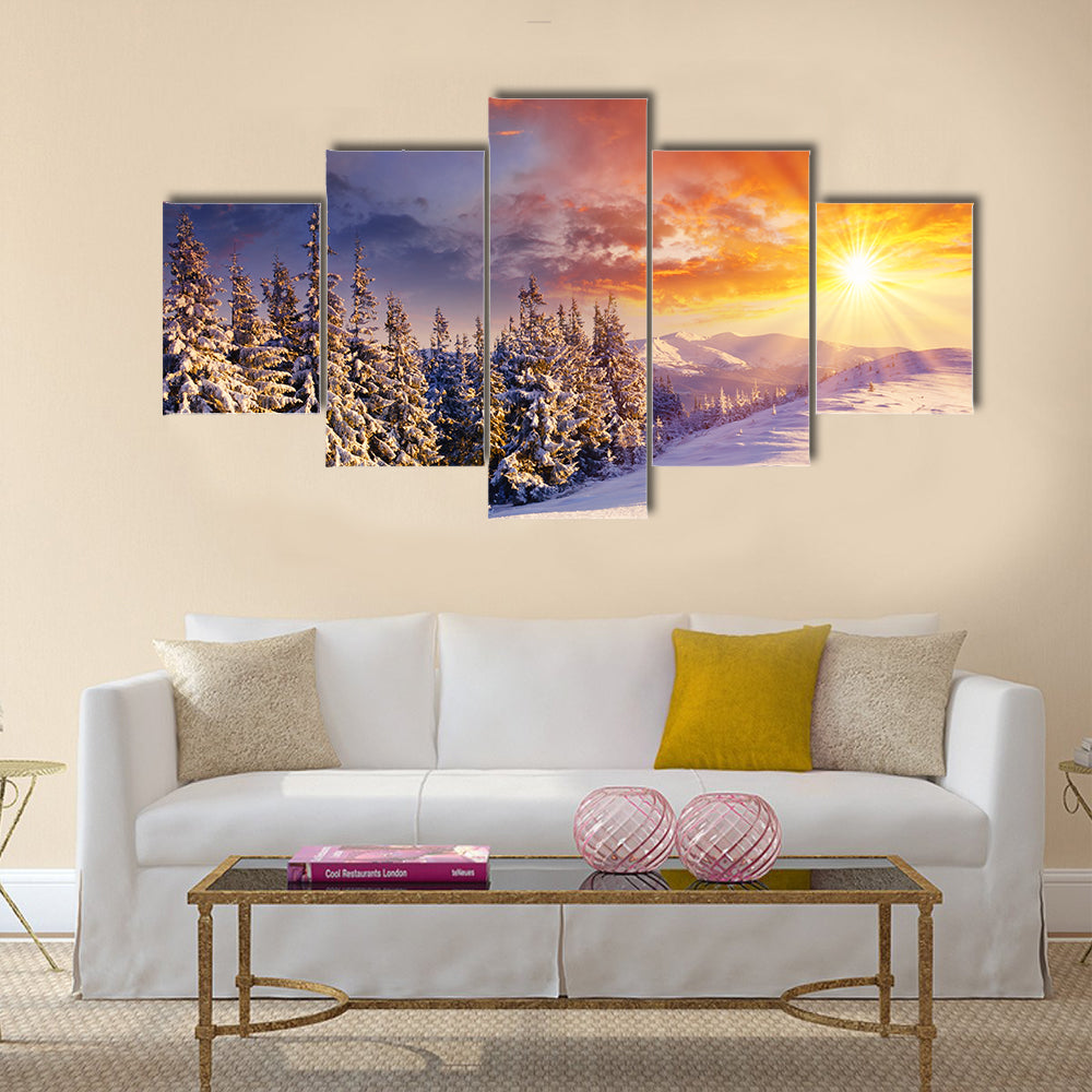 majestic sunset in the winter mountains landscape Multi Panel Canvas Wall Art