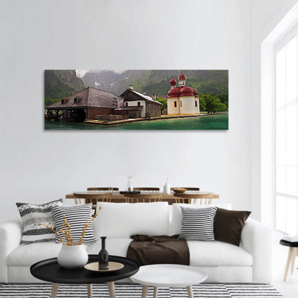 Monastery of St. Bartholomew on bank of Konigssee Lake, panoramic canvas wall art