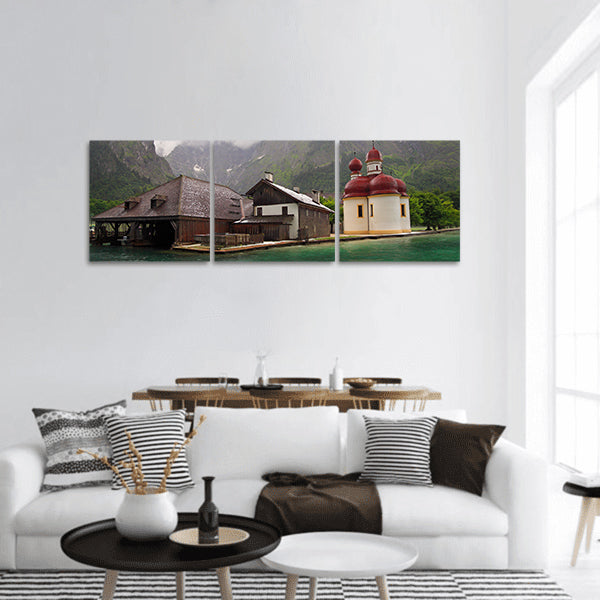 Monastery of St. Bartholomew on bank of Konigssee Lake, panoramic canvas wall art