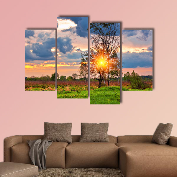 Landscape with colorful sunset in summer field multi panel canvas wall art